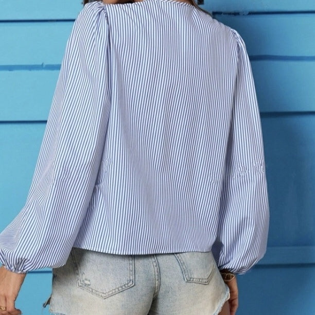 Ladies' Long Sleeved New Fashion Striped Printed Bow Tie Design Vacation Style Shirt