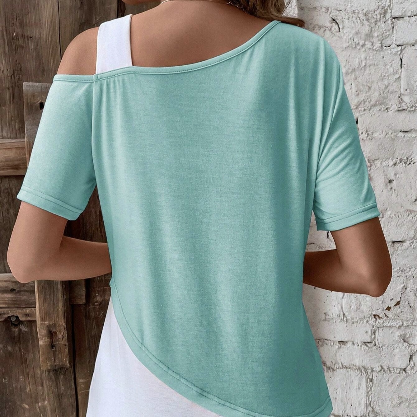 Ladies' Slanted Shoulder Collar, Circular Ring, Contrasting Color, Off Shoulder Fake, Two Piece Design, Fashionable And Casual Versatile T-shirt Top