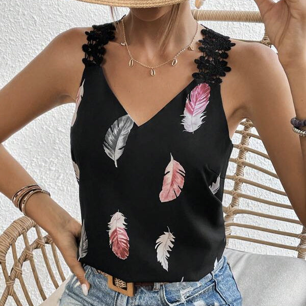 Women's Printed Feather Pattern Design V-neck Fashionable Slimming Camisole Vest