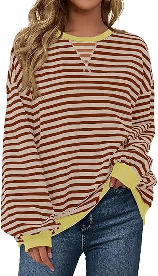 Fisoew Womens Striped Oversized Sweatshirt Color Block Crew Neck Long Sleeve Shirt Casual Loose Pullover Top Y2K Clothes