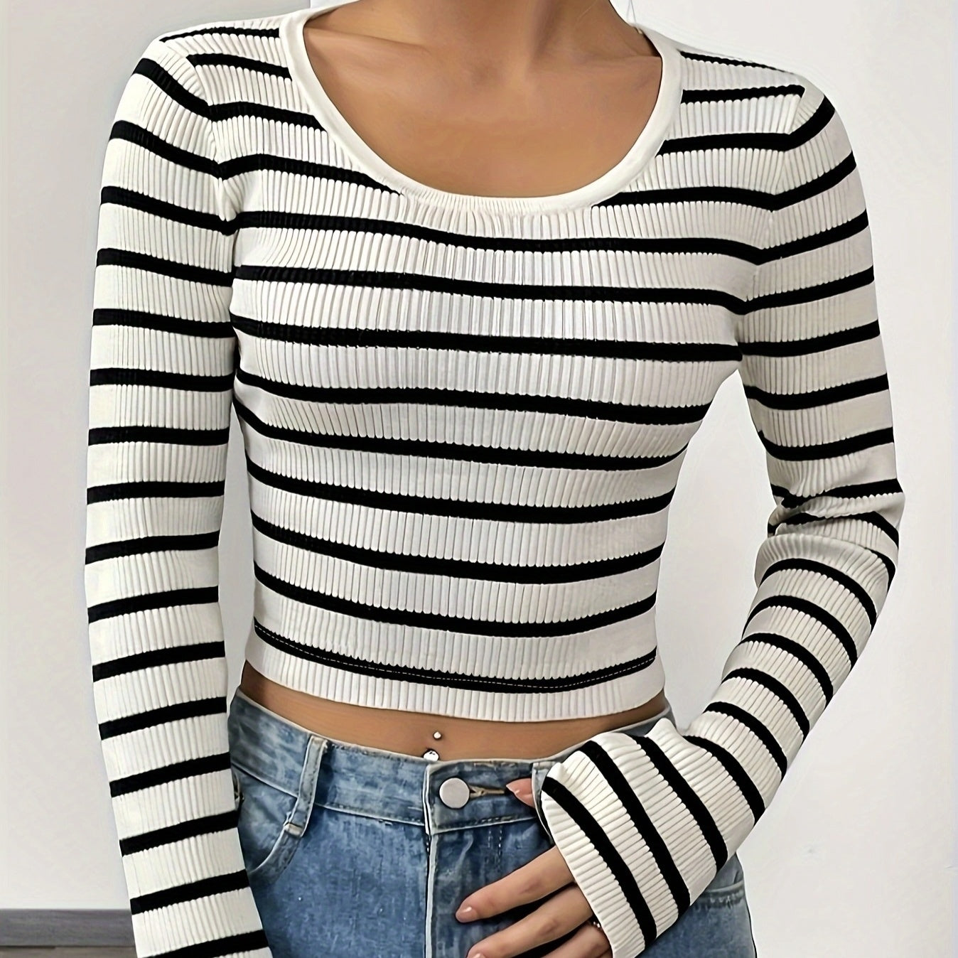 Women's Striped Slim Fit Long Sleeved Knitted T-shirt Top