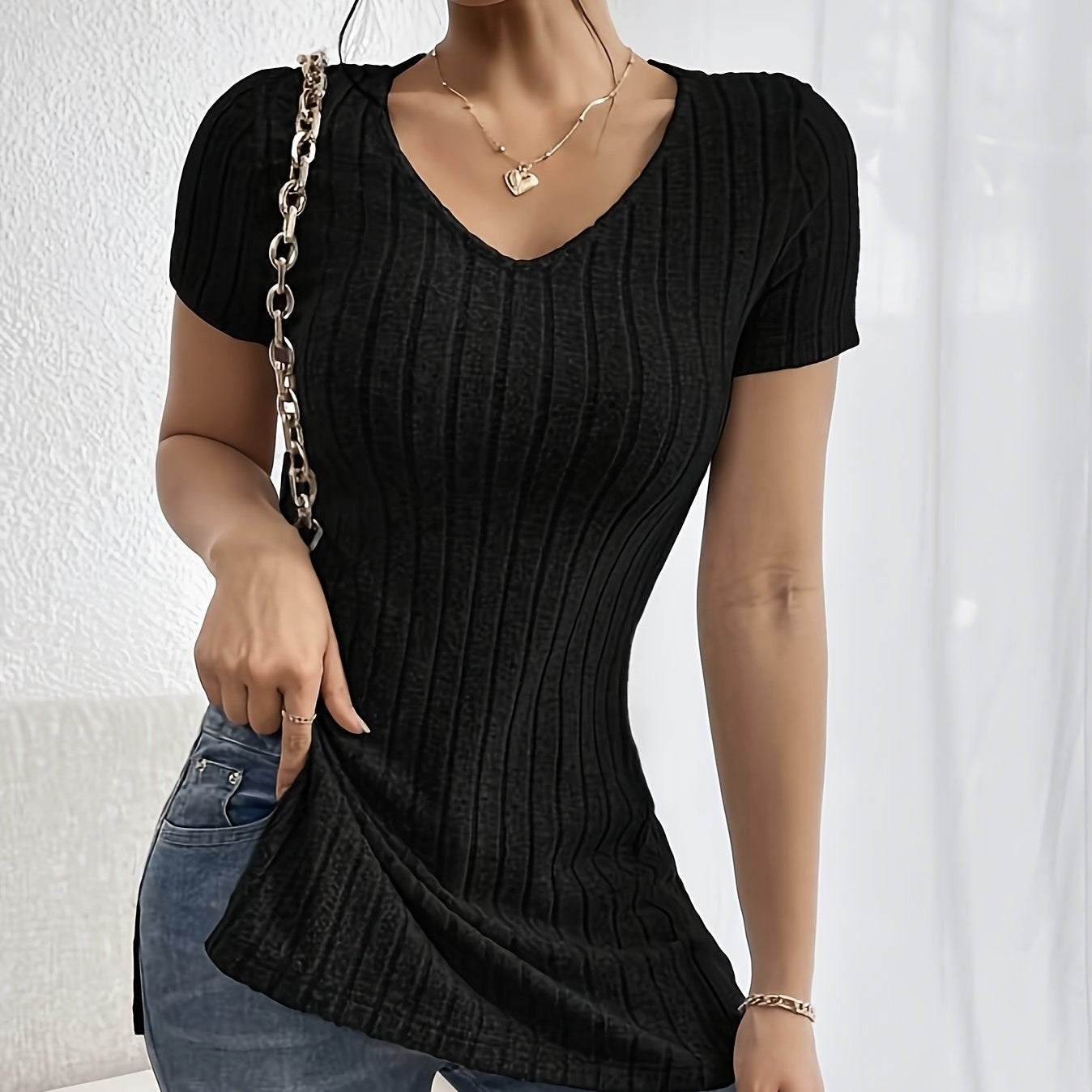 Ladies' Fashion And Casual V-neck Solid Color Split Shoulder T-shirt