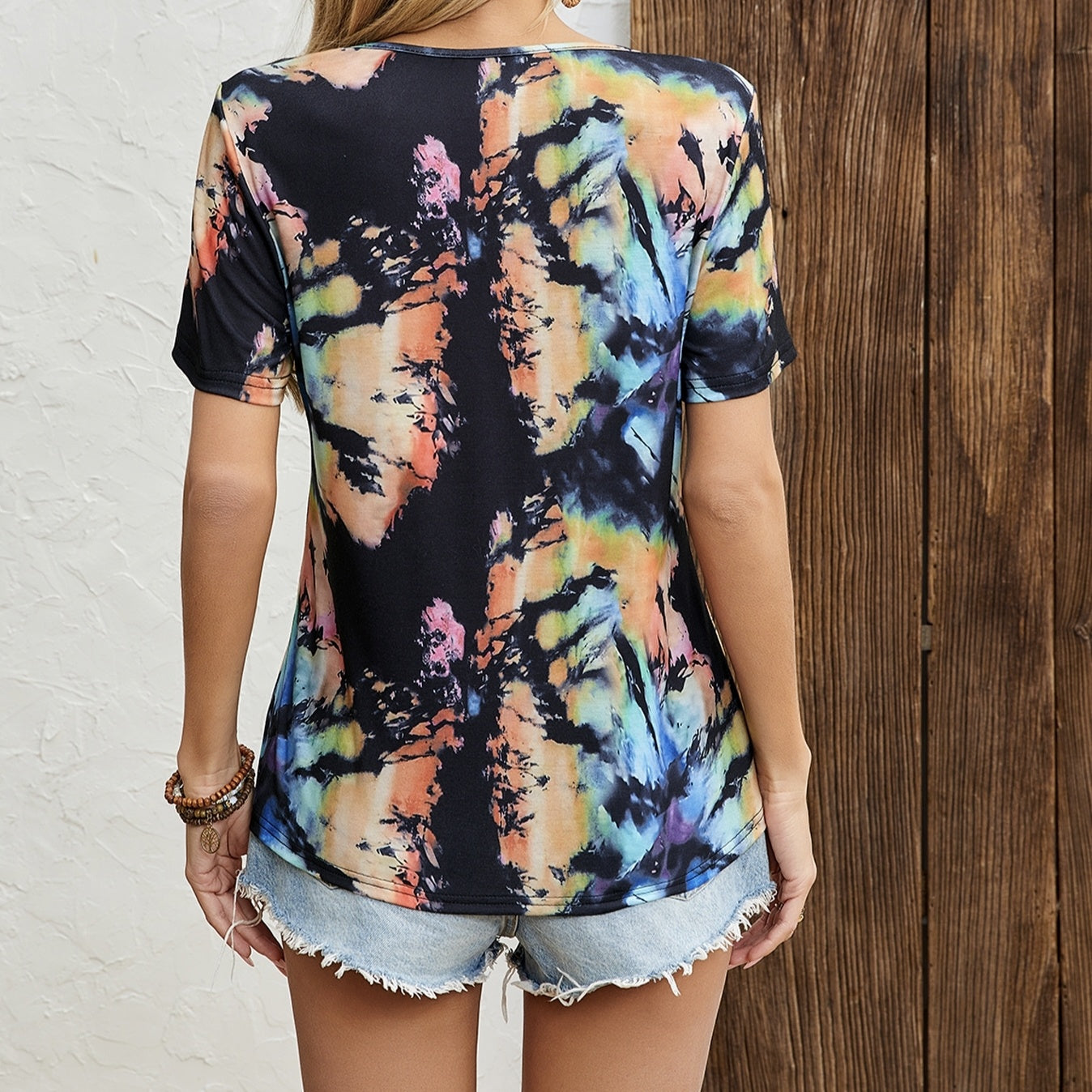 Women's V-neck T-shirt Tie Dye Short Sleeved T-shirt Top
