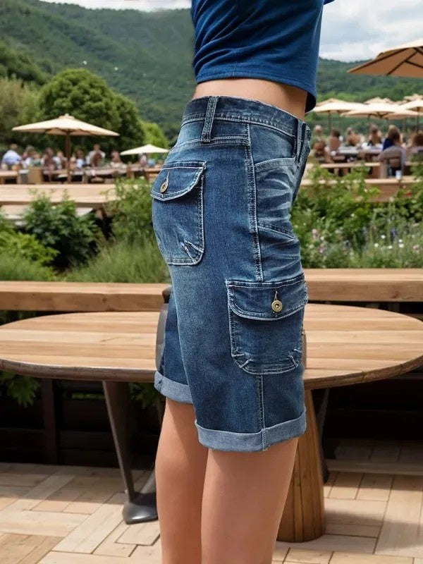 Women's Mid-Rise Cargo Bermuda Shorts, Relaxed Fit Knee-Length Jean Shorts With Large Utility Pockets And A Frayed Hem, Light-Wash Denim For A Y2K Streetwear Look Forbidden Platform - Temu