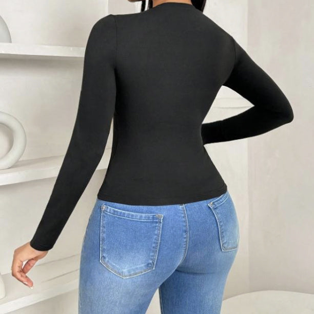 Women's Solid Color Pleated Collar Slim Fit Hip Hugging Long Sleeved T-shirt Top