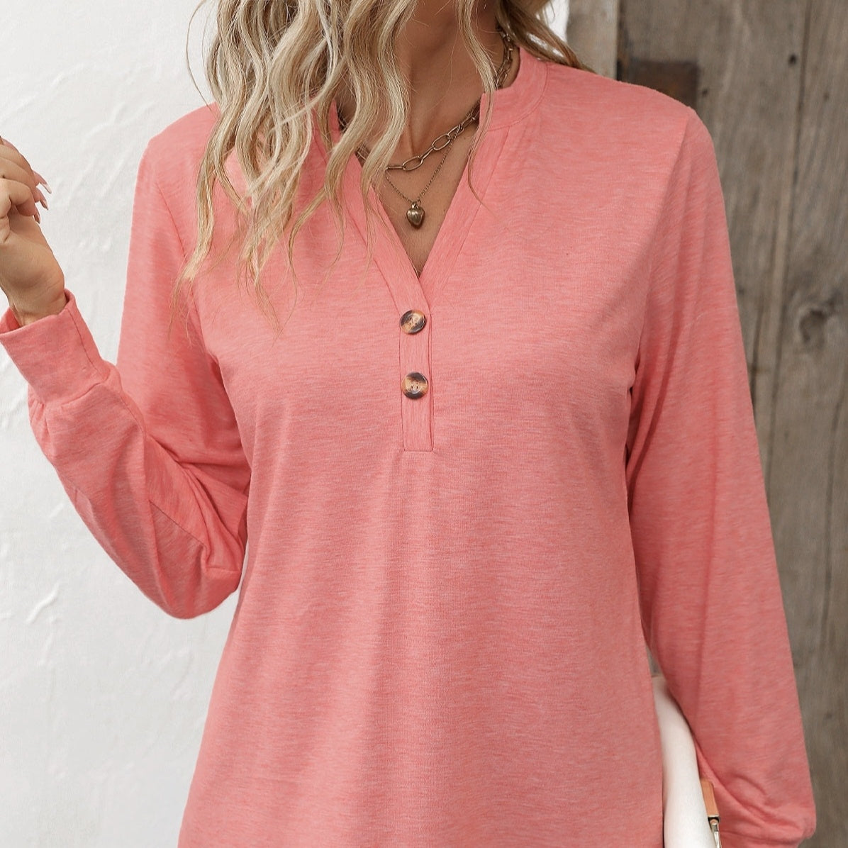 Ladies' Fashion New Button Peach Red Open Neck T-shirt Casual Top