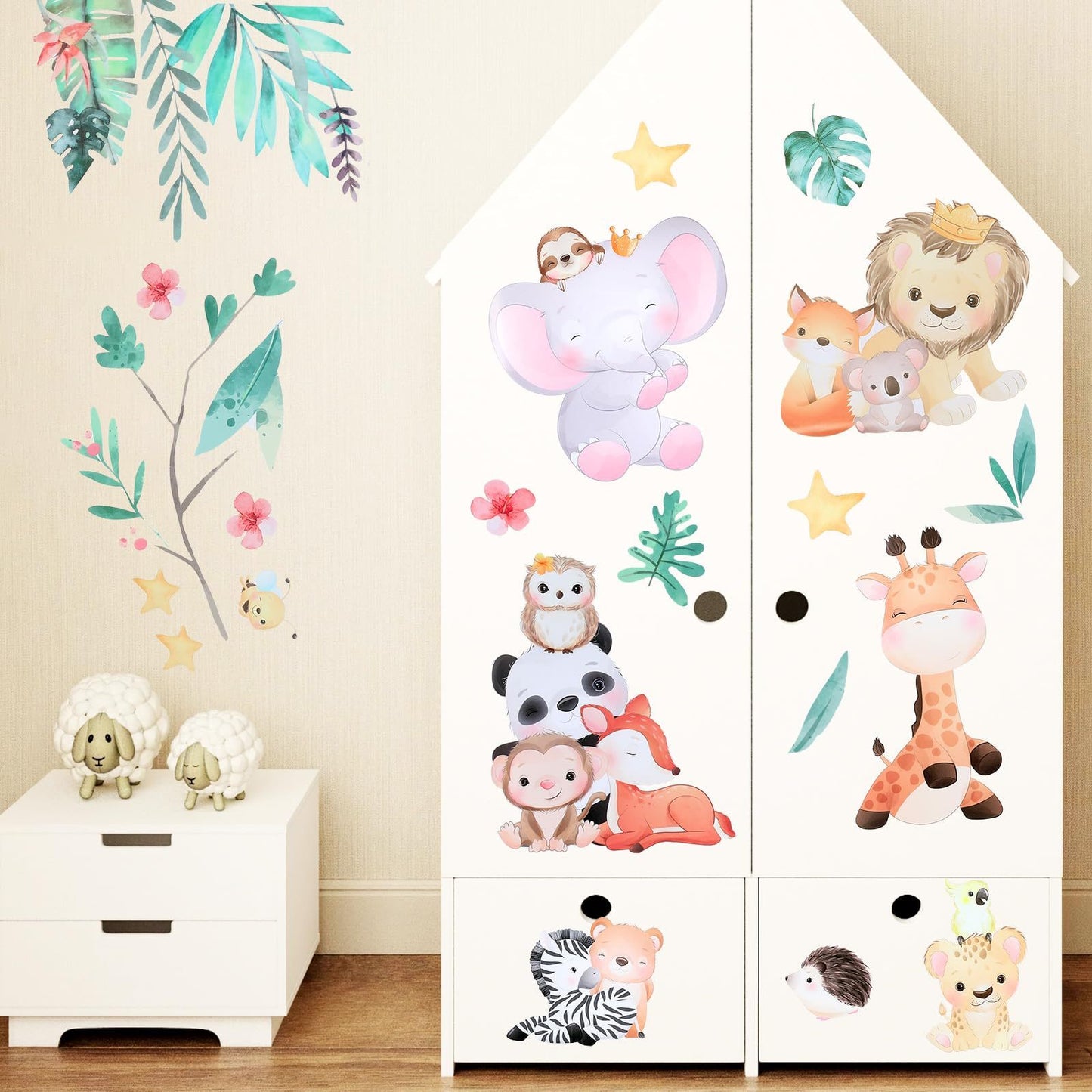 Wall Sticker Jungle Animals Wall Sticker Children's Room Animal Tree Wall Sticker Animal Party Elephant Giraffe Wall Sticker Children's Room Boy Baby Room Bedroom Wall Decoration,481-6789-MG