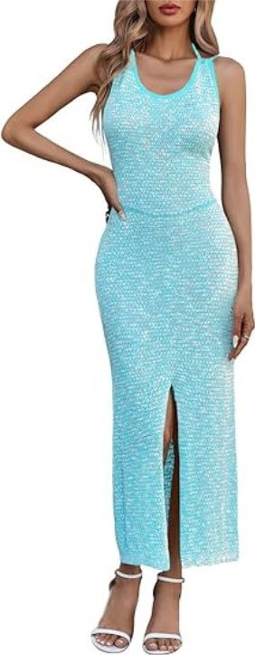 Saodimallsu Womens Backless Midi Dress Summer Beach Bodycon Halter Sleeveless Sexy Slit Cover Up Dresses