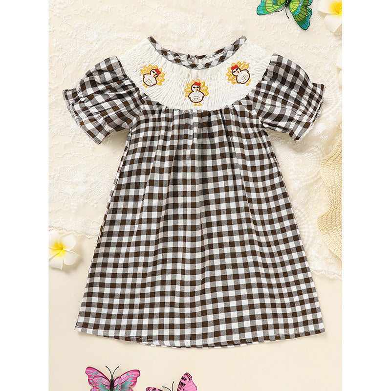 Infant Baby Girls Thanksgiving Dress Turkey Print Casual Short Sleeve Plaid Party Costume Dresses