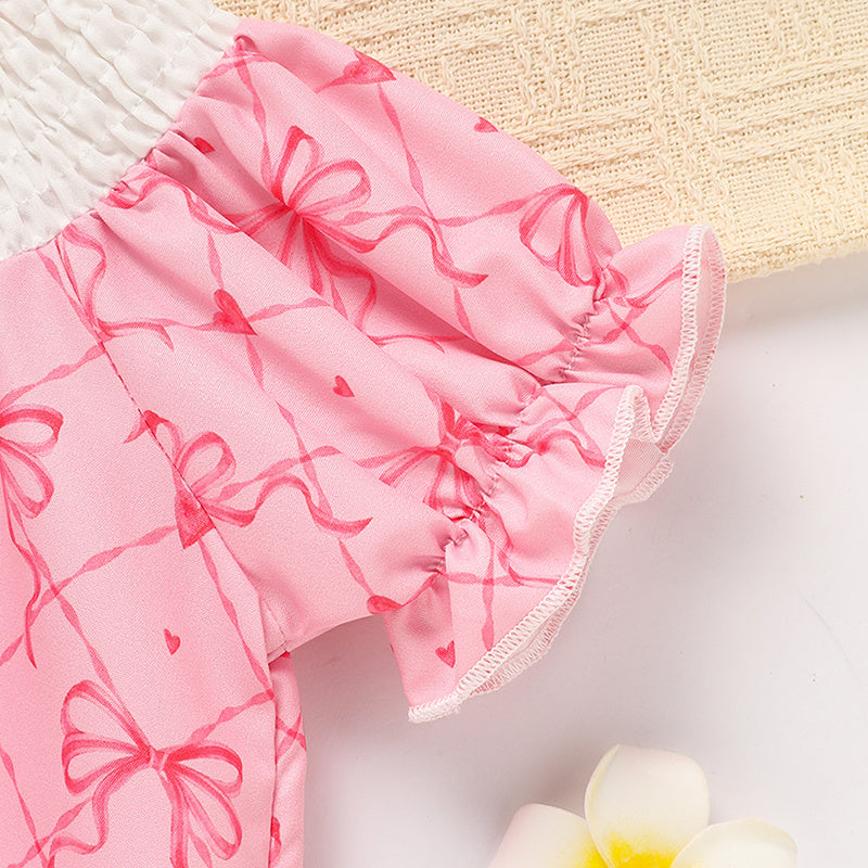 Baby Girl's Bowknot Graphic Print Romper, Daddy's Girl Letter Print Triangle Jumpsuit With Bubble Sleeves