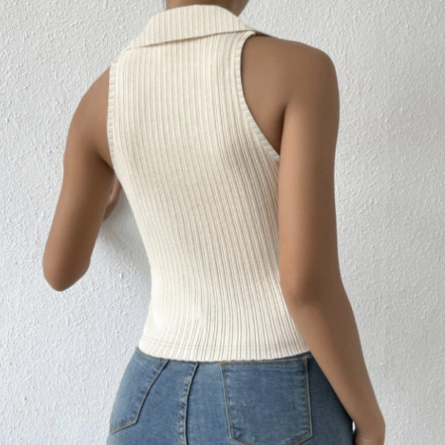 Ladies' Fashionable Casual Solid Color Lapel Halter Vest Top