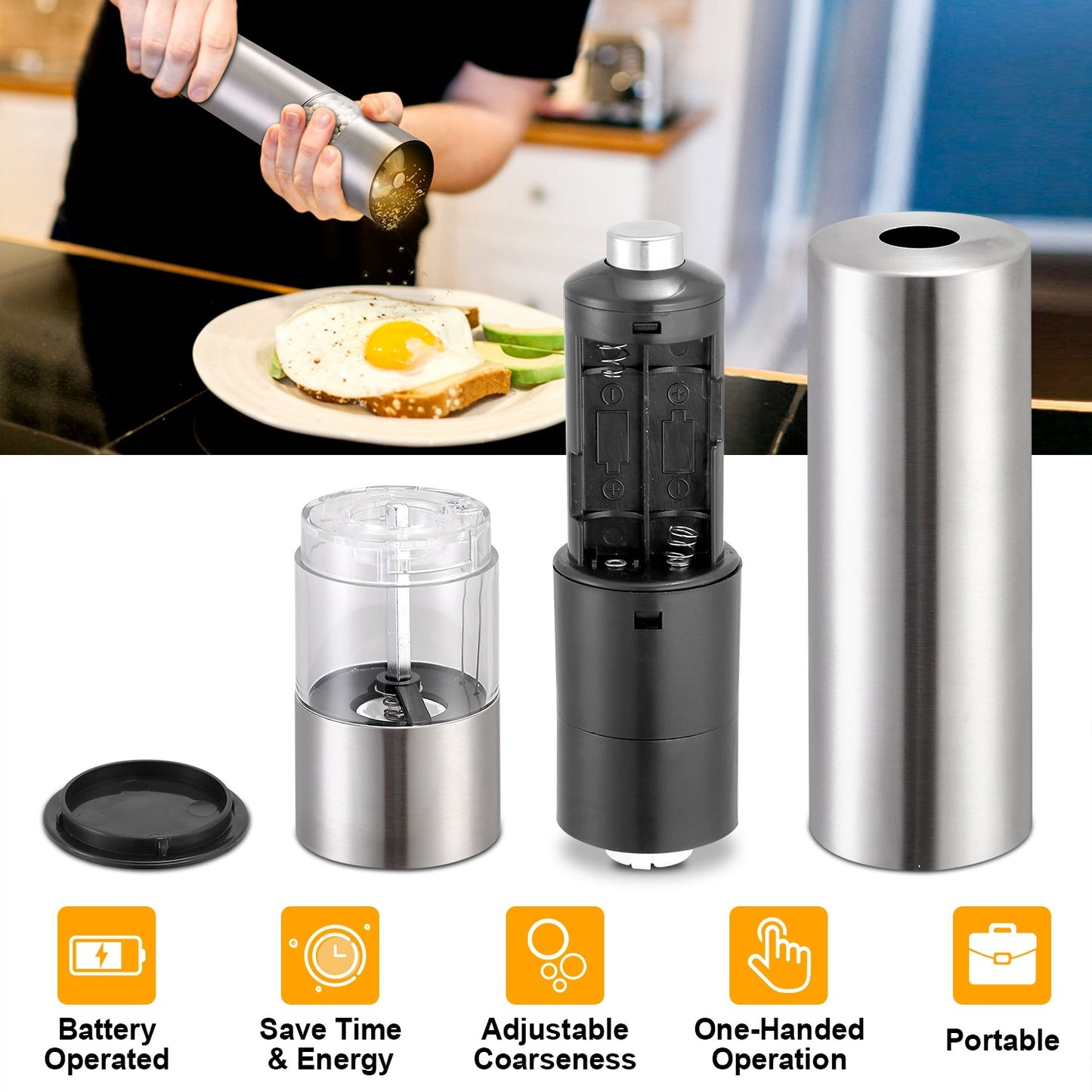 1Pc Electric Salt Pepper Grinder With Light Adjustable Coarseness Stainless Steel Salt Pepper Shaker Battery Operated Pepper Grinder Mill Easy Refill And Clean