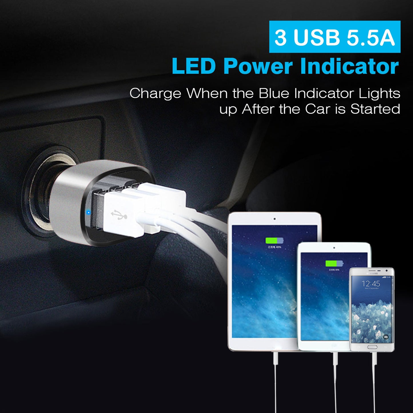 1Pc 3Port USB Car Charger 30W 5.5A For IOS Phone 16 15 14 And More