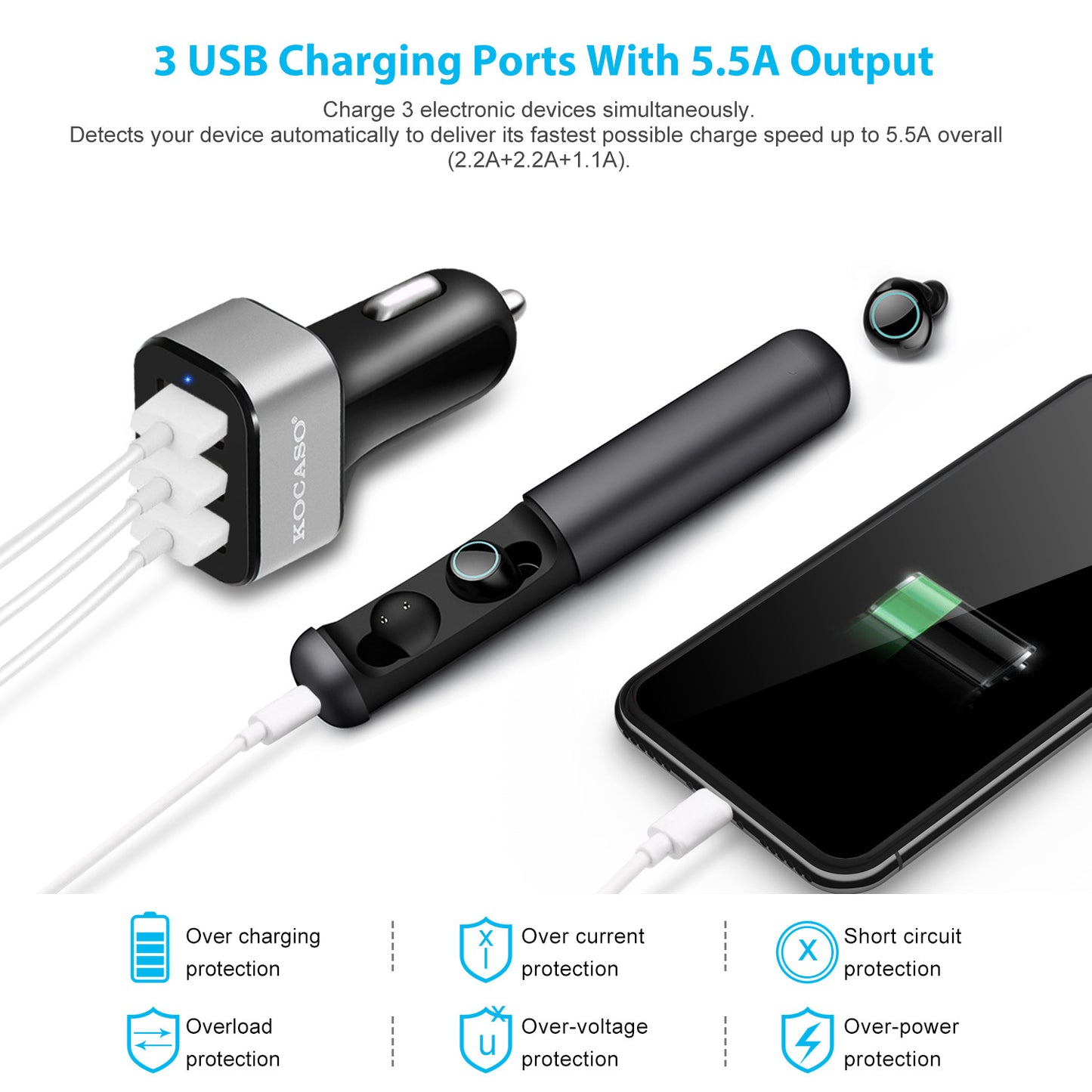 1Pc 3Port USB Car Charger 30W 5.5A For IOS Phone 16 15 14 And More