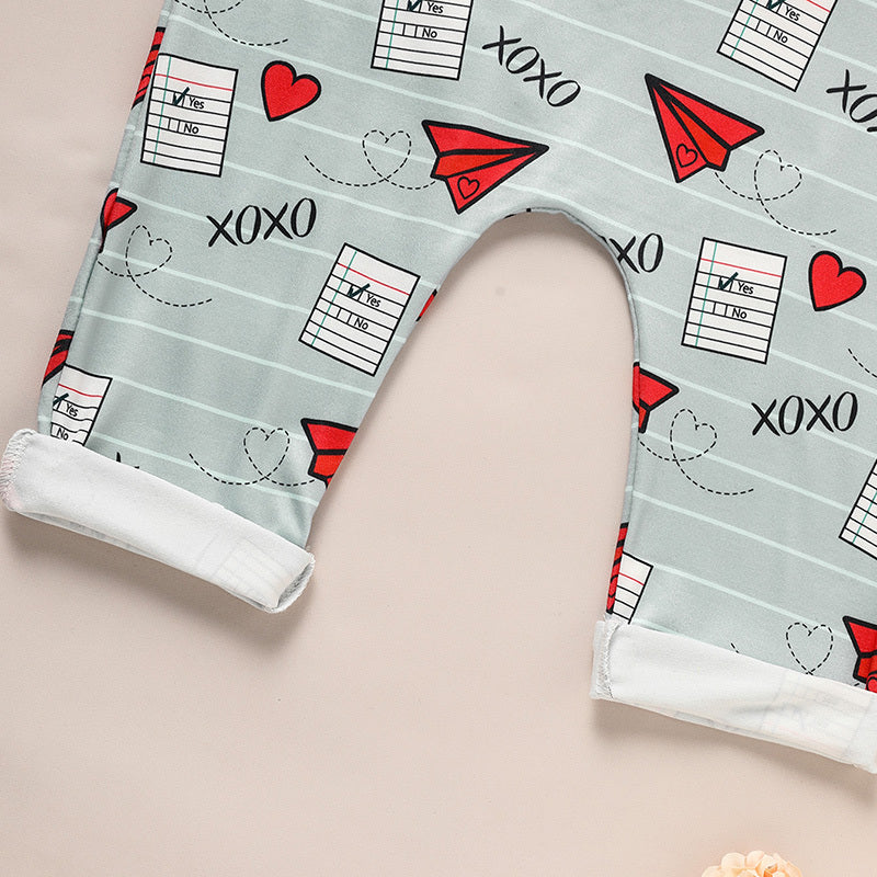 Baby Boy Girl's Casual Heart Pattern Jumpsuit, Paper Airplane Heart Xoxo Trendy Overalls, Valentine's Day Coming Home Outfit