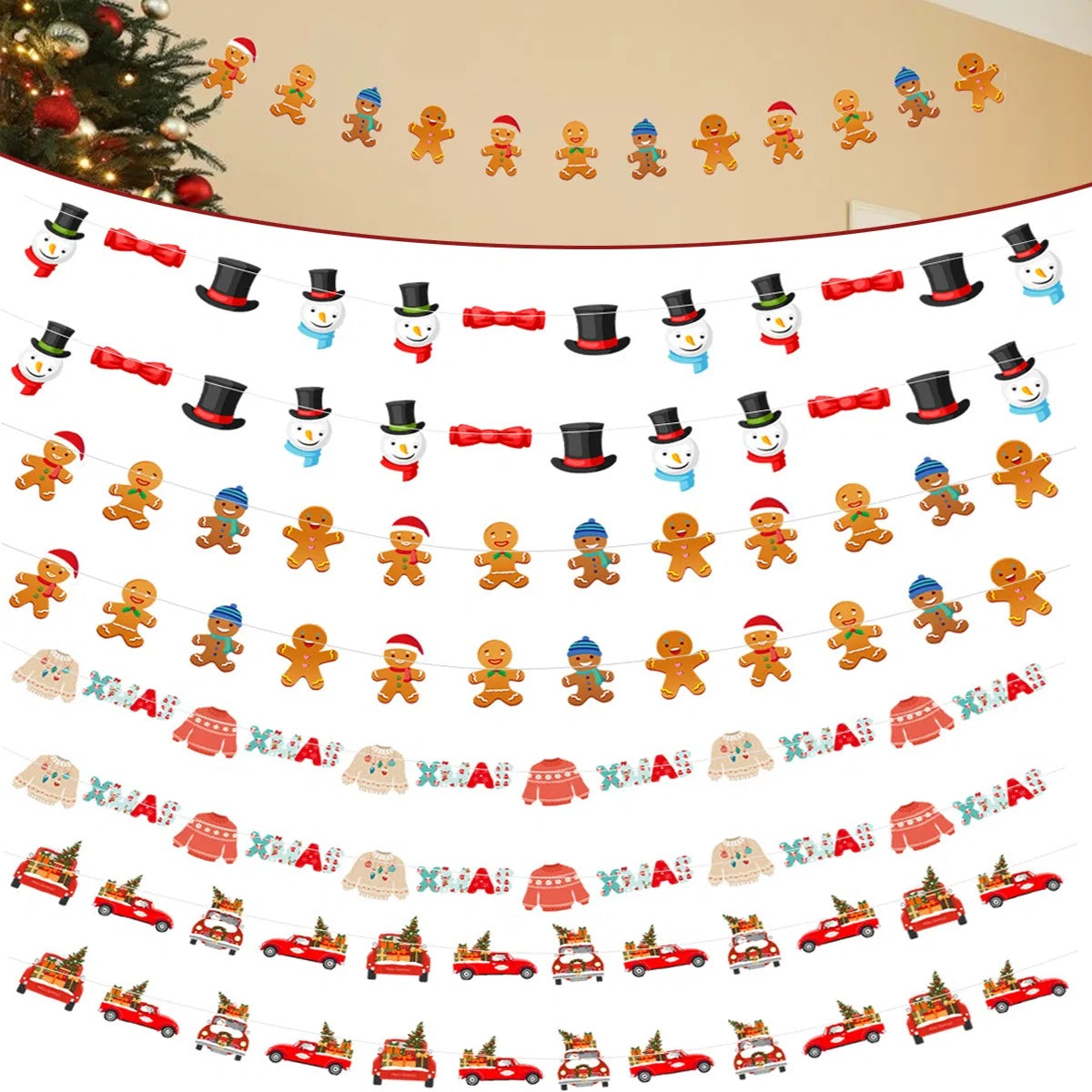 24PCS Christmas Banner Paper Christmas Sign Garland Gingerbread Man Snowman Hanging Christmas Bunting Garland For Christmas Party Decorations Xmas Holiday Home Decor