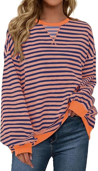 Fisoew Womens Striped Oversized Sweatshirt Color Block Crew Neck Long Sleeve Shirt Casual Loose Pullover Top Y2K Clothes