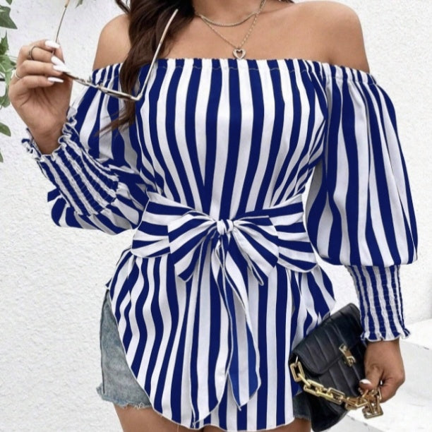 Ladies' One Shoulder Striped Printed Waist Cinching Lace Up Curved Hem Shirt