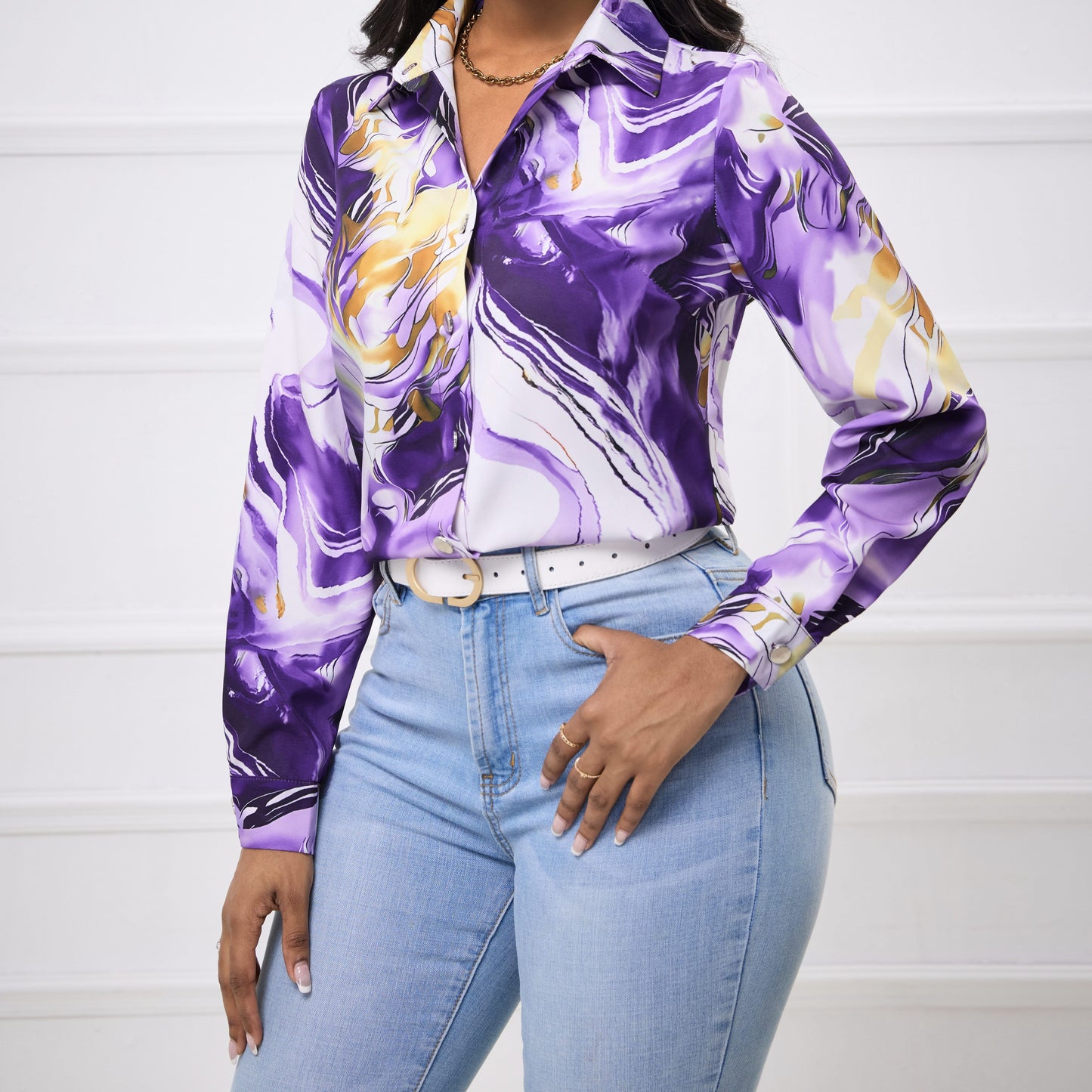 Ladies' Fashionable And Elegant Springsummer Shirt With A Collar And Fashionable Print, Comfortable And Casual Long Sleeved Shirt Top