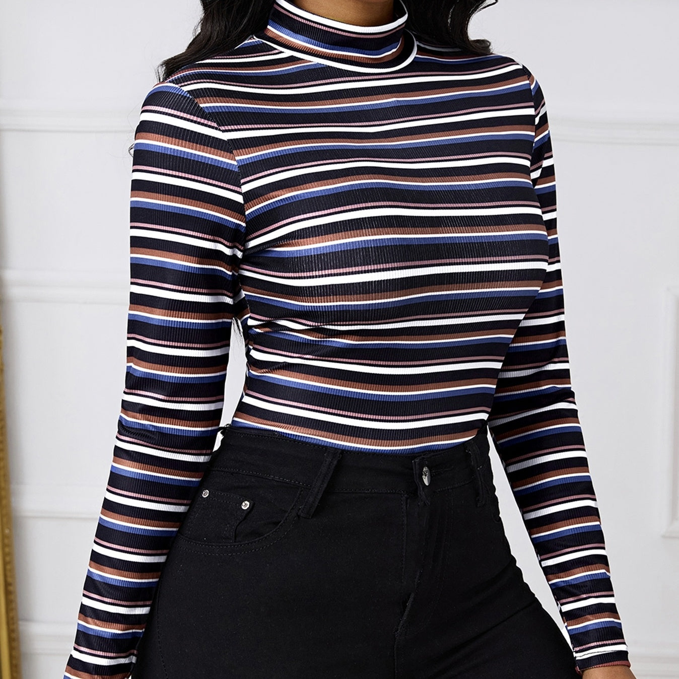 Ladies' Fashionable And Elegant Temperament Versatile Spring Multi-color Splicing Layer Long Sleeved Round Neck T-shirt Top