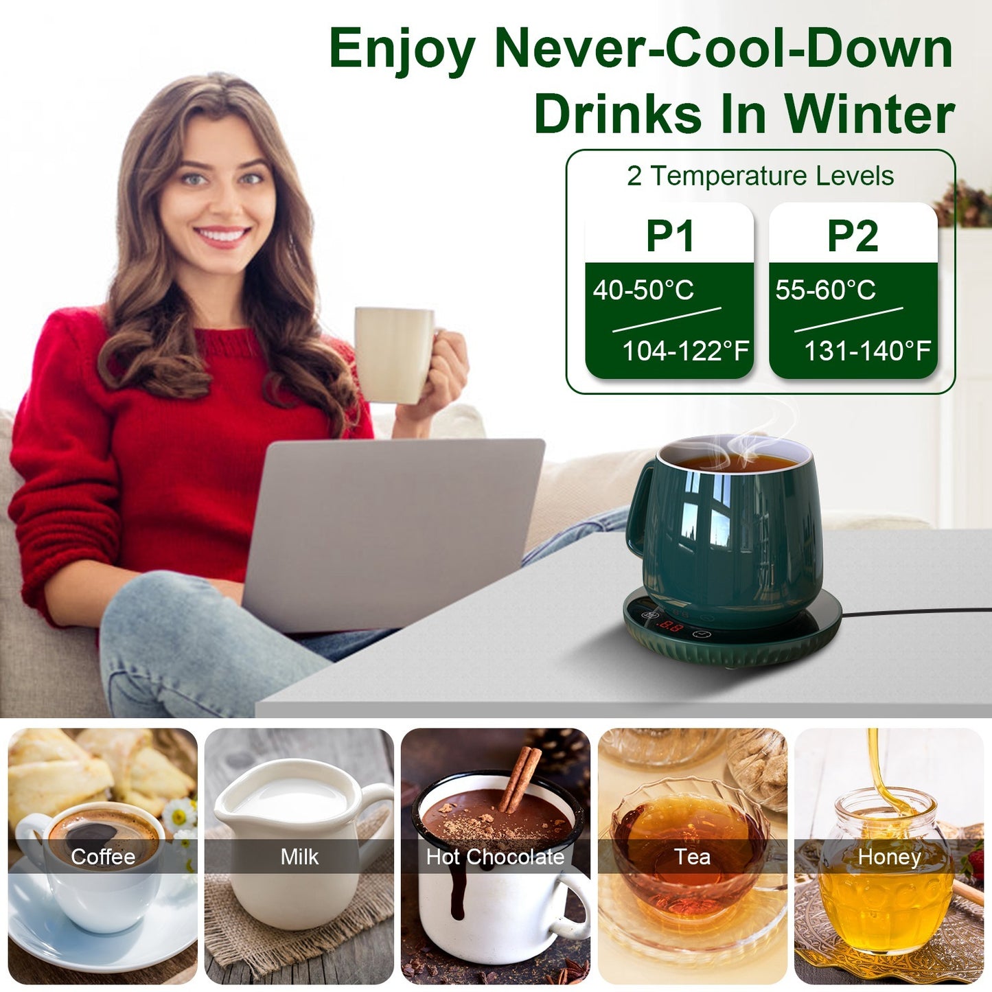 2 Colors Options -- 1Pc Desktop Electric Cup Warmer 8Hours Auto Off Overheating Protection Smart Timer Setting 2 Temperature Levels Ceramic Heating Panel For Office Home