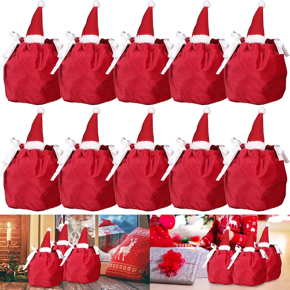 5Pcs Christmas Drawstring Bags Christmas Hat Design Flannel Gift Wrapping Bag Small Goodie Candy Snack Bag Party Favor Treat Pouch Bags For Holiday Birthday Xmas New Year Wedding Party Supplies