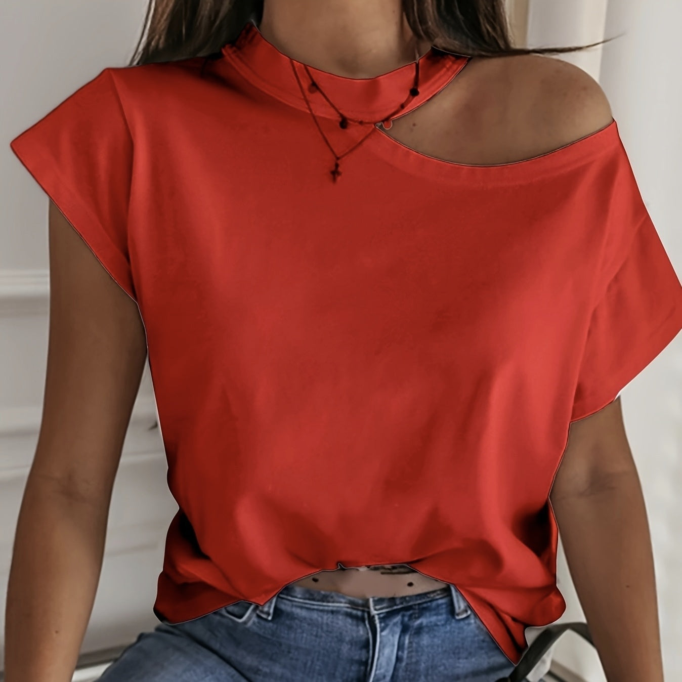 Women's Solid Color Casual Off Shoulder Short Sleeved Hollow T-shirt Top