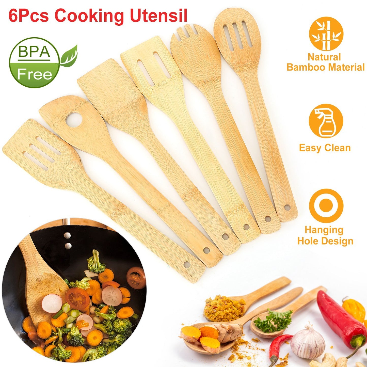 Set Of 6Pcs Cooking Utensil Bamboo Wooden Spoons Spatula Kitchen Cooking Tools Nonstick Wooden Cookware Kitchen Gadgets