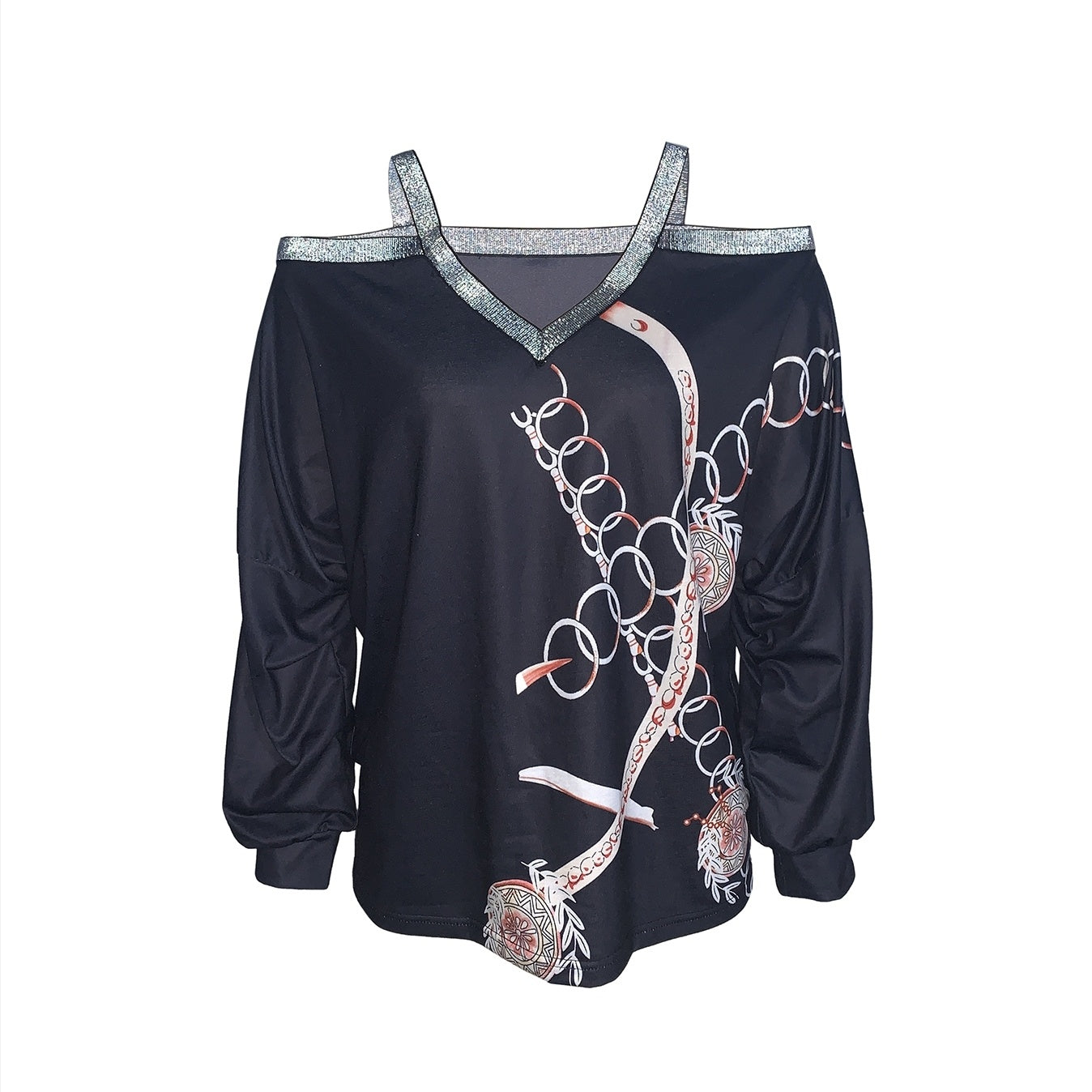 Women's Fashion New Chain Printed Sequin Cold Shoulder Long Sleeved Sweatshirt With Exposed Shoulder Top