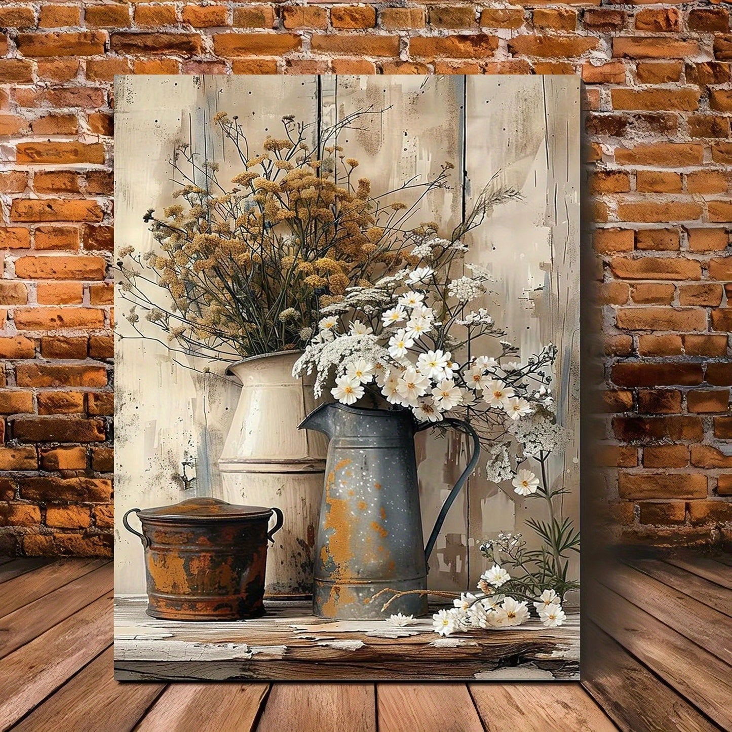 1 Piece Framed Wooden Canvas Painting, Rustic Wood Frame Canvas Art - Cream Yellow Wood Grain With White Jasmine Flowers With Rust Colored Watering Can, Suitable For Living Room Or Bedroom Decoration