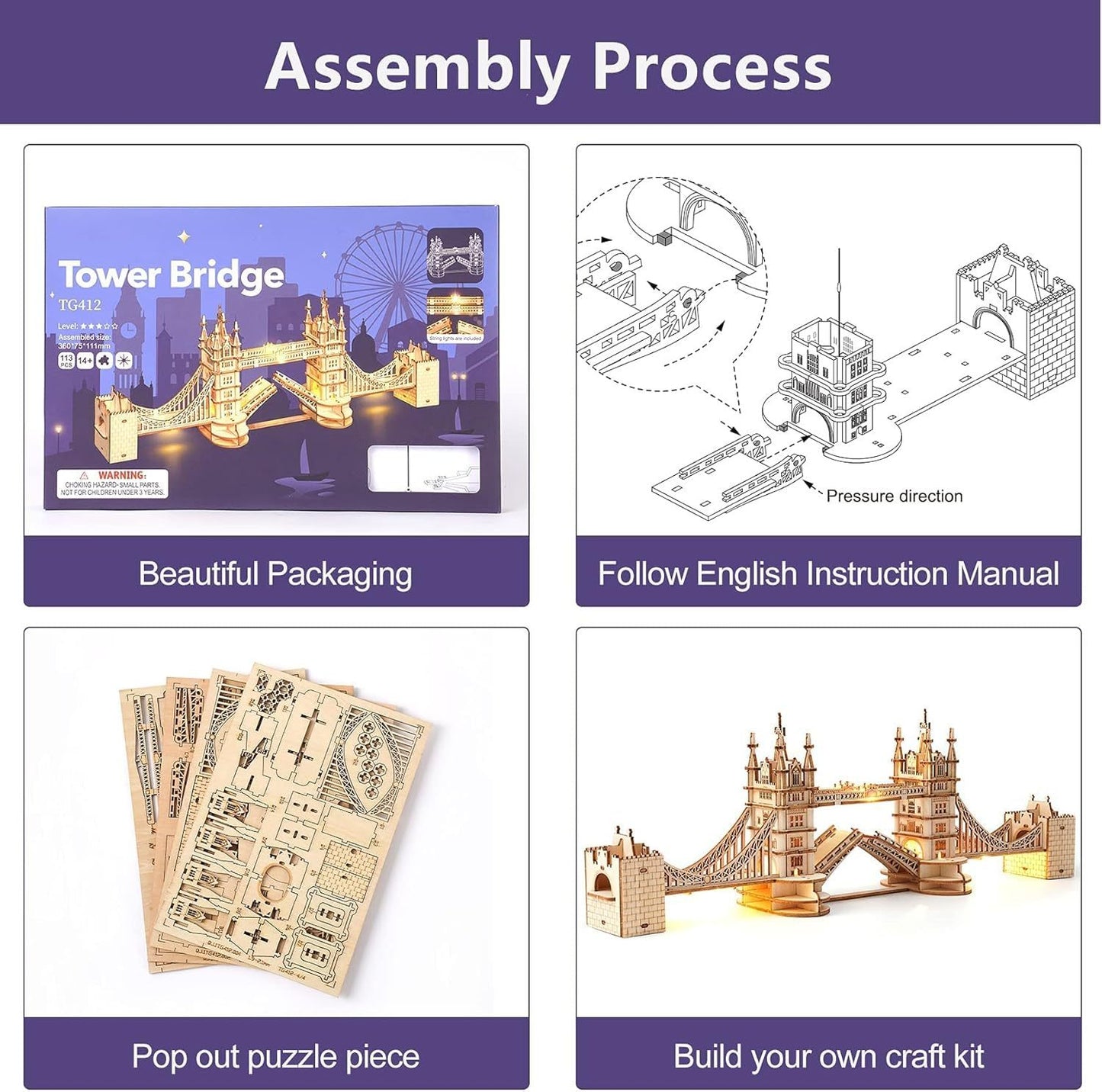 ROBOTIME 3D Wooden Puzzle London Tower Bridge Model Kit For Adults Xmas Gifts TG412 - EBS PLATFORM INC.