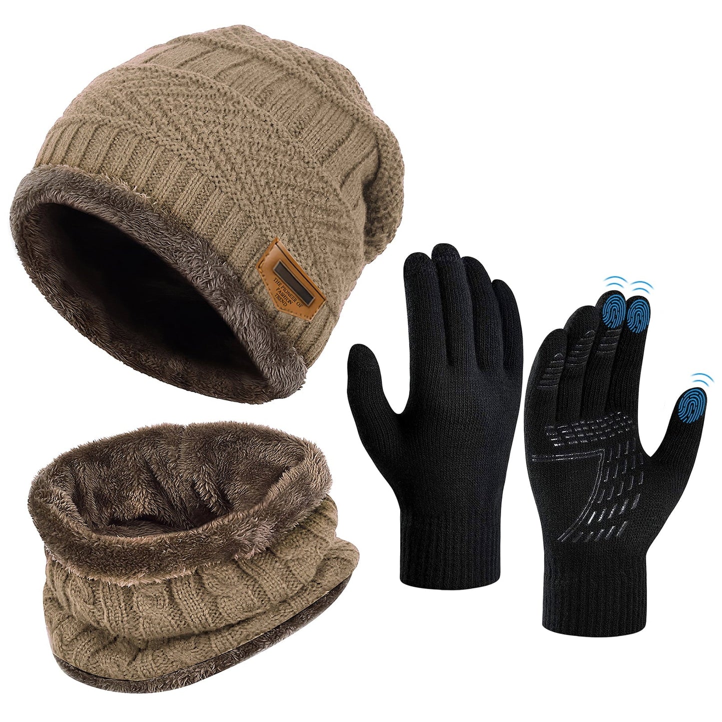 3 PCS Winter Beanie Hat Scarf Set with Gloves Touch Screen Cold Weather Knit Wool Neck Warmer Skull Cap Khaki