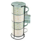 Thyme & Table White 4 Pack Stacking White and Green Floral Mugs 11.1 fl oz, Stoneware