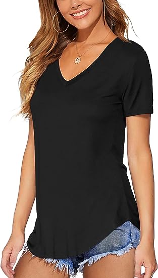 DittyandVibe Women Long/Short Sleeve V Neck Curved Hem Tunic Tops T Shirts