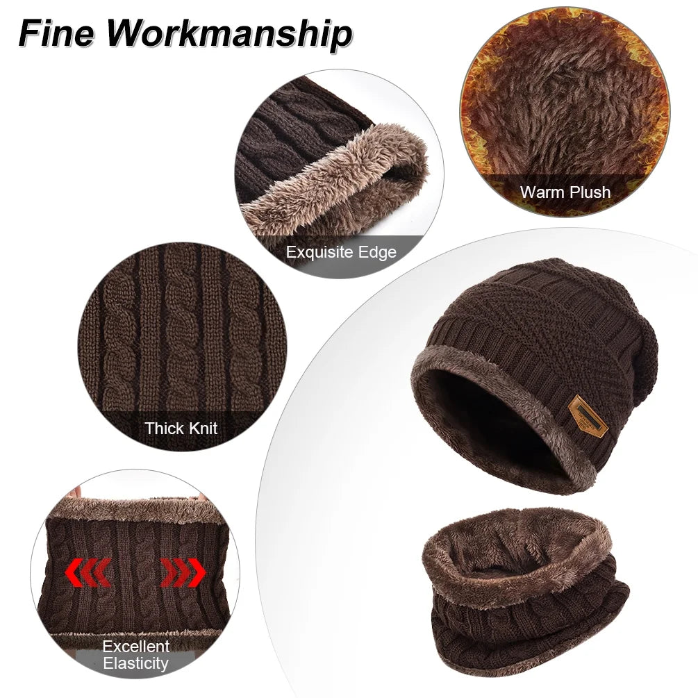 3 PCS Winter Beanie Hat Scarf Set with Gloves Touch Screen Cold Weather Knit Wool Neck Warmer Skull Cap Khaki