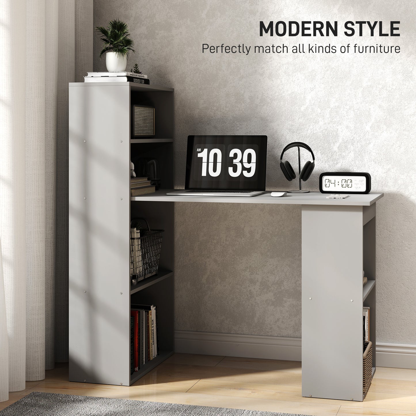 Compact Computer Desk With 6-Tier Storage Shelves, Writing Table Workstation With Bookshelf For Home Office, Gray
