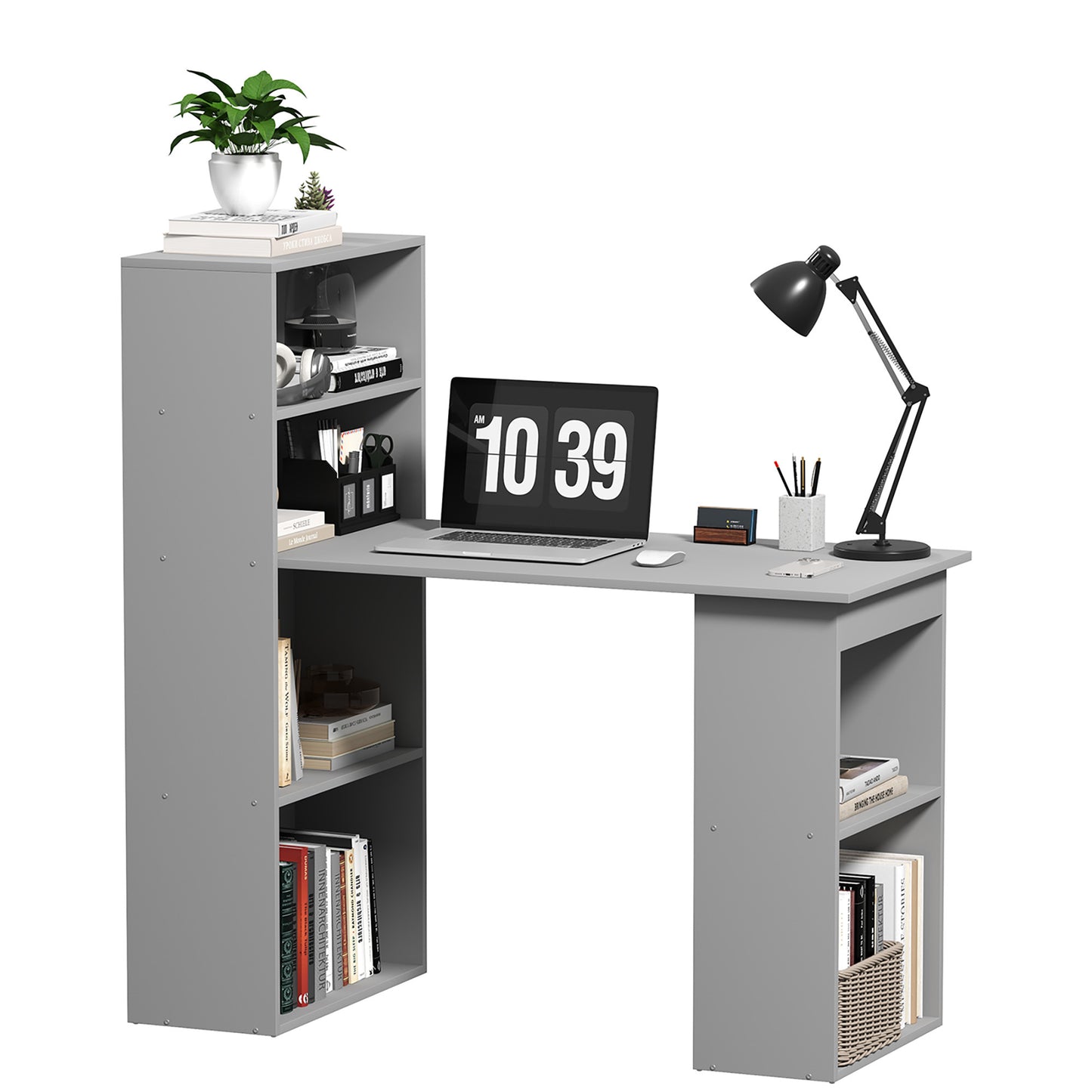 Compact Computer Desk With 6-Tier Storage Shelves, Writing Table Workstation With Bookshelf For Home Office, Gray
