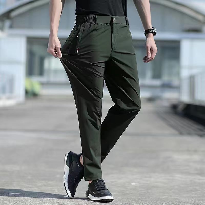Large Size Men's Summer Pants Big Size Ice Silk Stretch Breathable Straight Leg Pants 6XL Quick Dry Elastic Band Black Trousers