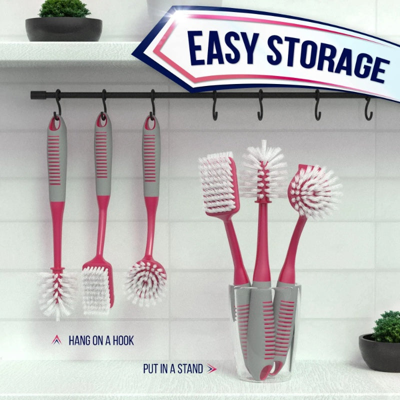 Red Dish Brush Set Of 3 With Bottle Water Brush Dish Scrub Brush And Scrubber Brush For Kitchen Ergonomic Non Slip Long Handle