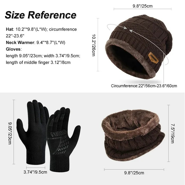 3 PCS Winter Beanie Hat Scarf Set with Gloves Touch Screen Cold Weather Knit Wool Neck Warmer Skull Cap Khaki