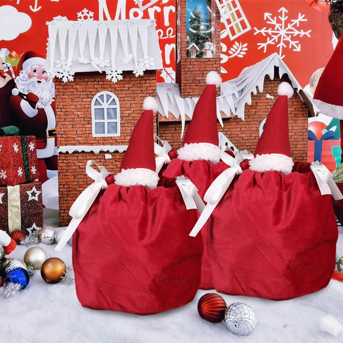 5Pcs Christmas Drawstring Bags Christmas Hat Design Flannel Gift Wrapping Bag Small Goodie Candy Snack Bag Party Favor Treat Pouch Bags For Holiday Birthday Xmas New Year Wedding Party Supplies