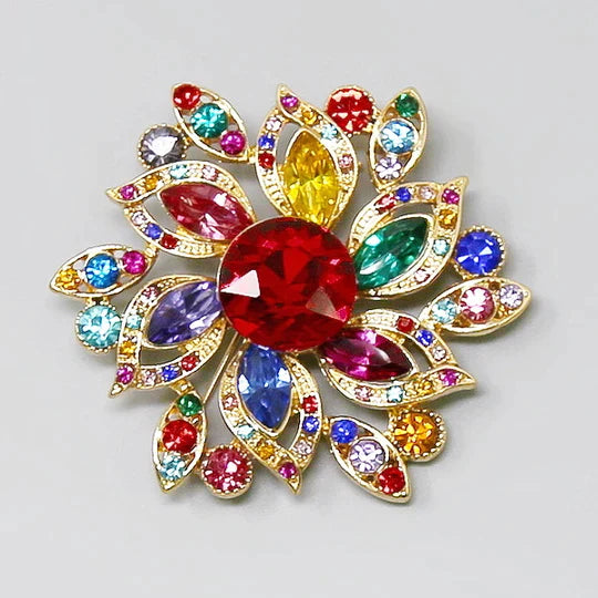 Glass Stone Embellished Flower Brooch