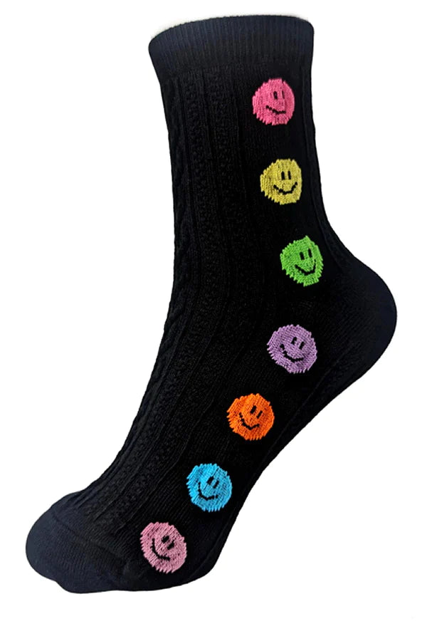 Happy Face Print Cotton Crew Socks