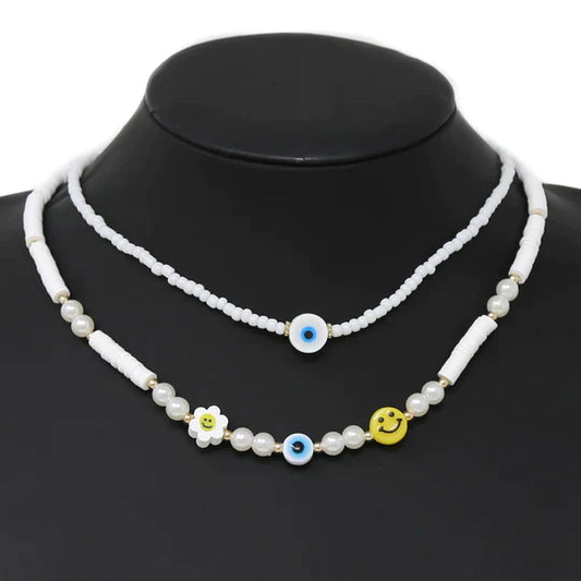 Evil Eye / Flower / Smiley Face Beaded Layered Necklace