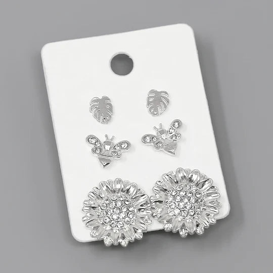 Leaf / Bee / Sunflower Stud Earrings Set