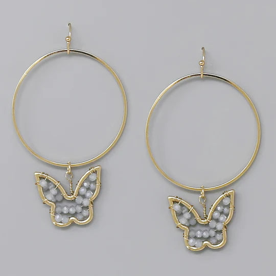 Glass Beaded Butterfly Hoop Drop Earrings