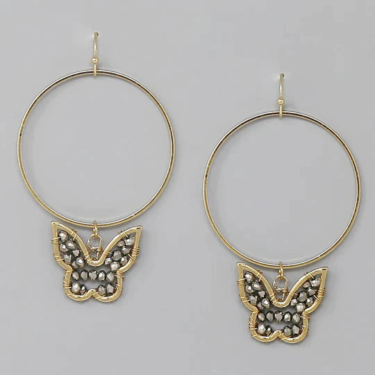 Glass Beaded Butterfly Hoop Drop Earrings