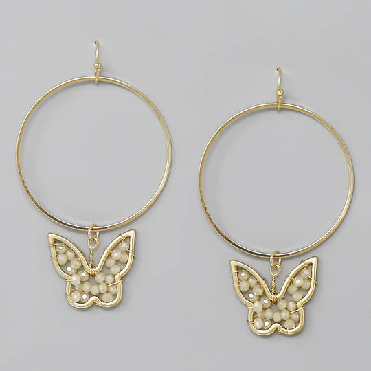 Glass Beaded Butterfly Hoop Drop Earrings