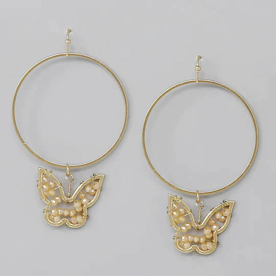 Glass Beaded Butterfly Hoop Drop Earrings