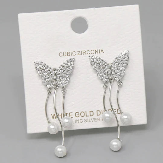 Butterfy CZ Pave Pearl Drop Earrings